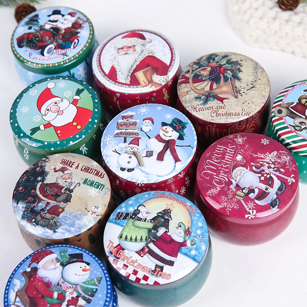 

12PCS Christmas Candy Tin Box Mini Snowman Santa Claus Printed Gift Storage Boxes Baking Packaging Xmas Biscuit Jar Iron Can