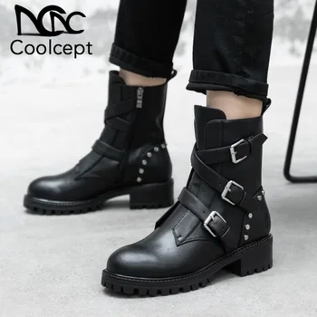 

CoolCept Women Genuine Leather Punk Ankle Boots Casual Buckle Retro Sexy Ladies Motorcycle Boots Fashion Shoes Woman Size 34-39