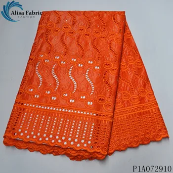 

Alisa orange french bazin lace swiss voile 100% cotton fabric embroidery with stones african dry lace fabrics 5 yards for sewing