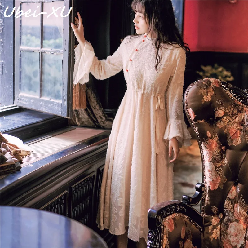 

Ubei 2019 French retro court girl long-sleeved dress slim waist mid-length dress fashion