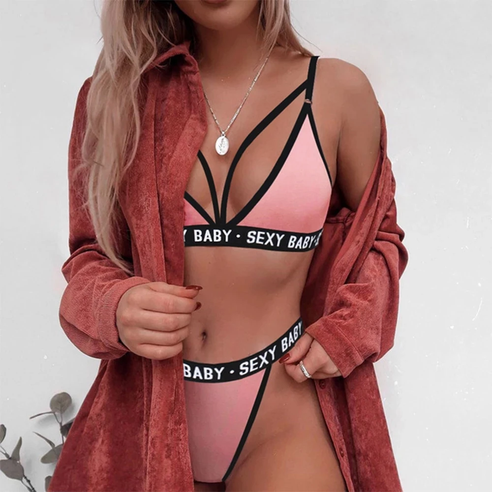 bra and brief sets Women's Sexy Push Up Bra+thongs Panties Underwear Set Girl Sports Bandage Corset Letter Lingerie Summer Bikini G-string Style matching bra and panties Bra & Brief Sets