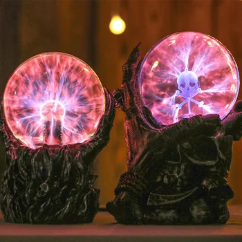 

Magic Skull Head Glass Sculpture Statue Lightning Plasma Ball Touch Sensitive Vampire Skull Head Decorative Accent Figurine