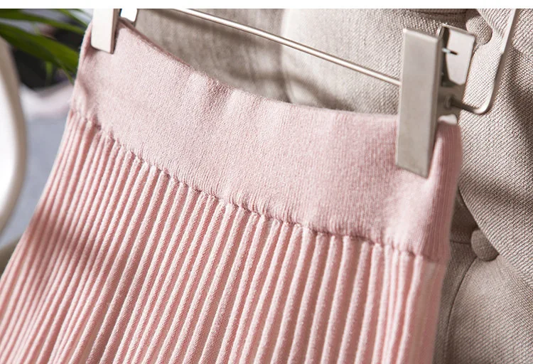 Осень, женский милый элегантный вязаный комплект из 2 предметов, однобортный короткий свитер с длинными рукавами топ+ плиссированная юбка, розовый jc3362