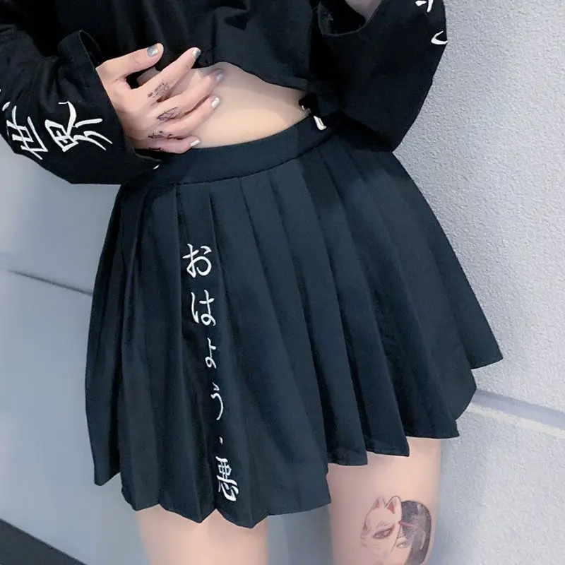 Летний сексуальный клуб Готический шик черный Harajuku женские мини юбки Корейская плиссированная вышивка Высокая талия женские модные юбки