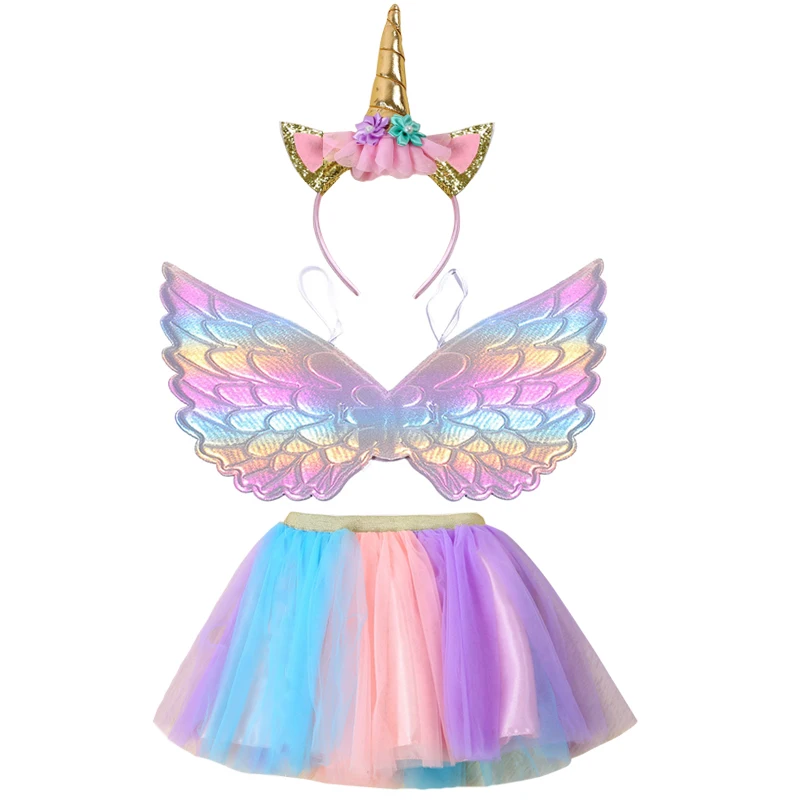 Детский тематический Единорог для вечеринки, костюм с юбкой средней длины с крыльями для девочек, одежда для маленьких девочек на Хэллоуин 0-8 лет