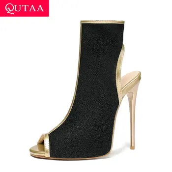 

QUTAA 2020 Peep Toe Zipper Women Sandals Sexy Thin High Heel Ladies Shoes Fabrics PU Leather Slingback Women Pumps Size 34-43