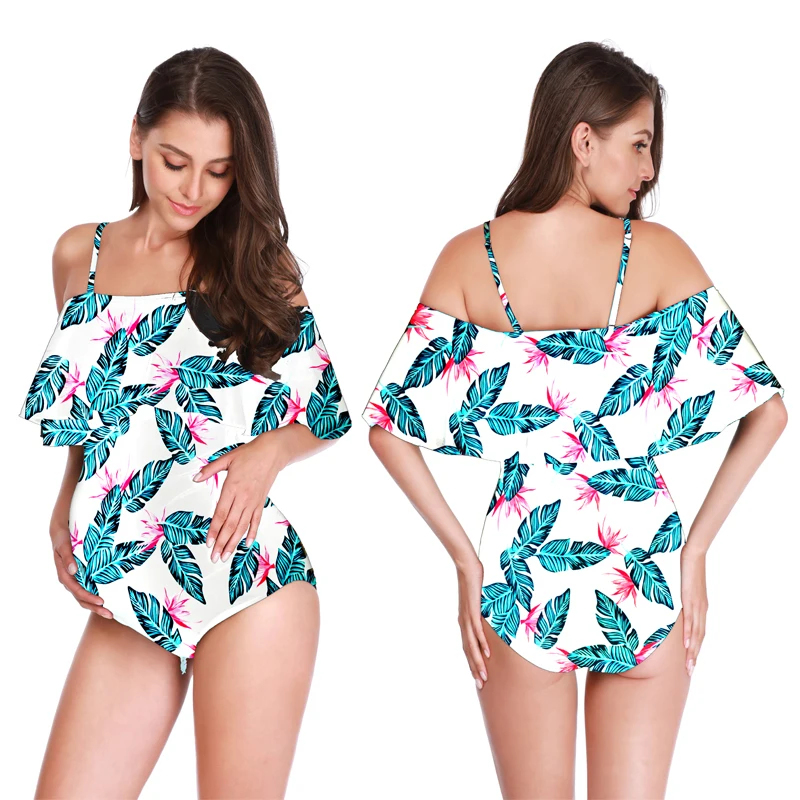 Women Off Shoulder Maternity Swimsuits Flounce Floral One Piece