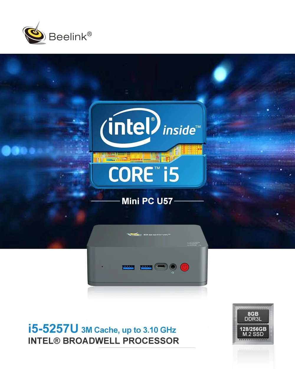 Beelink U57 двойной HDMI мини ПК с процессором Intel Core i5 5257U HD Графика 6100 Windows 10 8 Гб