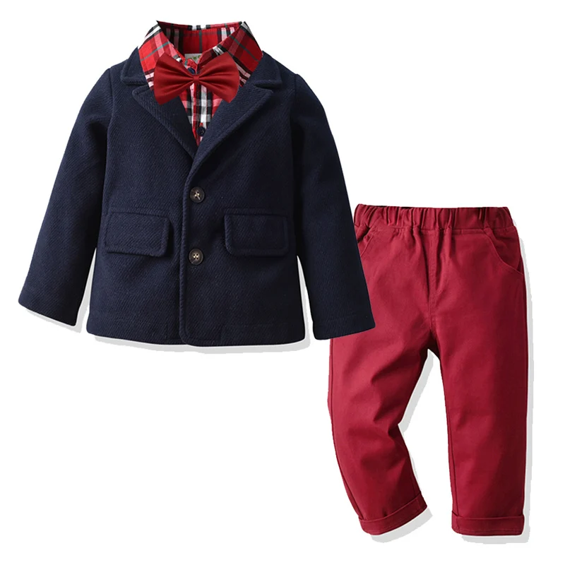 4 pieces red set Одежда для мальчиков комплект для малышей детский однотонный блейзер+ брюки+ красная рубашка в клетку осенняя одежда для маленьких джентльменов детская одежда для мальчиков 3 лет - Цвет: 4 pieces red set
