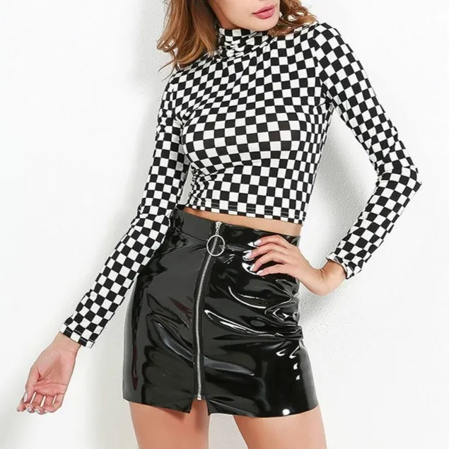 

Fall Women Turtleneck Plaid T-shirts High Street Bodycon T shirts Long Sleeves Slim Leopard Top