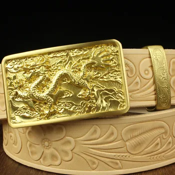

Male Solid Brass Belt golden dragon buckle Casual smooth jeans waistband buckle Tanned Leather Men belt