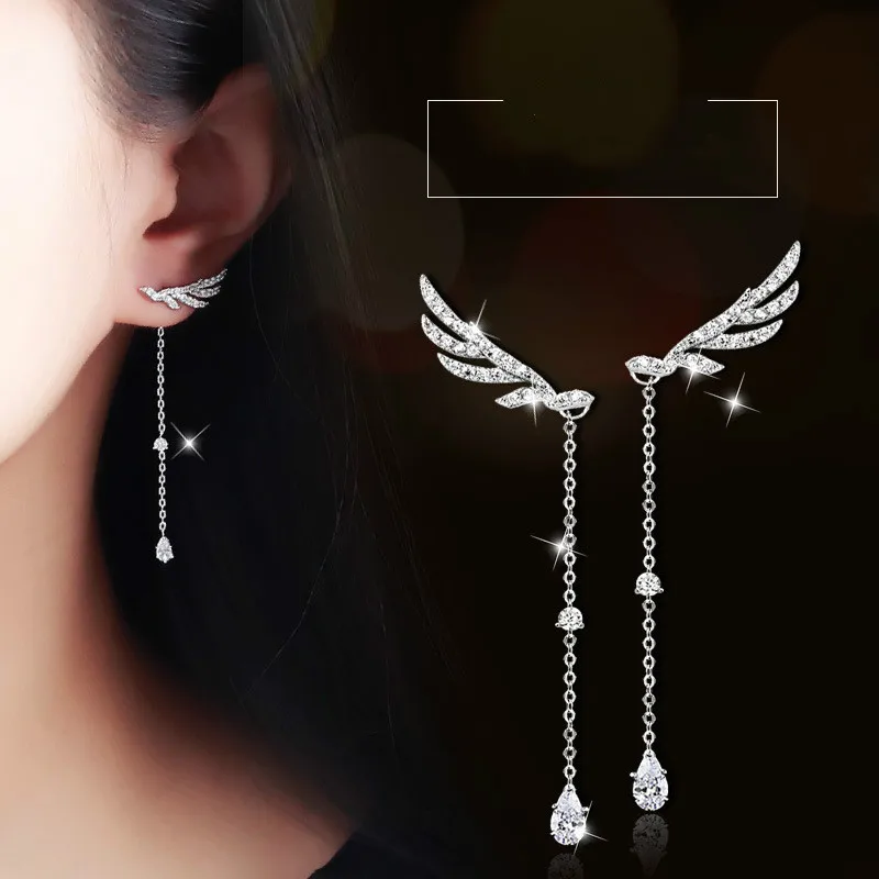 

Temperament Silver Colour Needle Zircon Angel Wing Ear Nail Female Long Earring