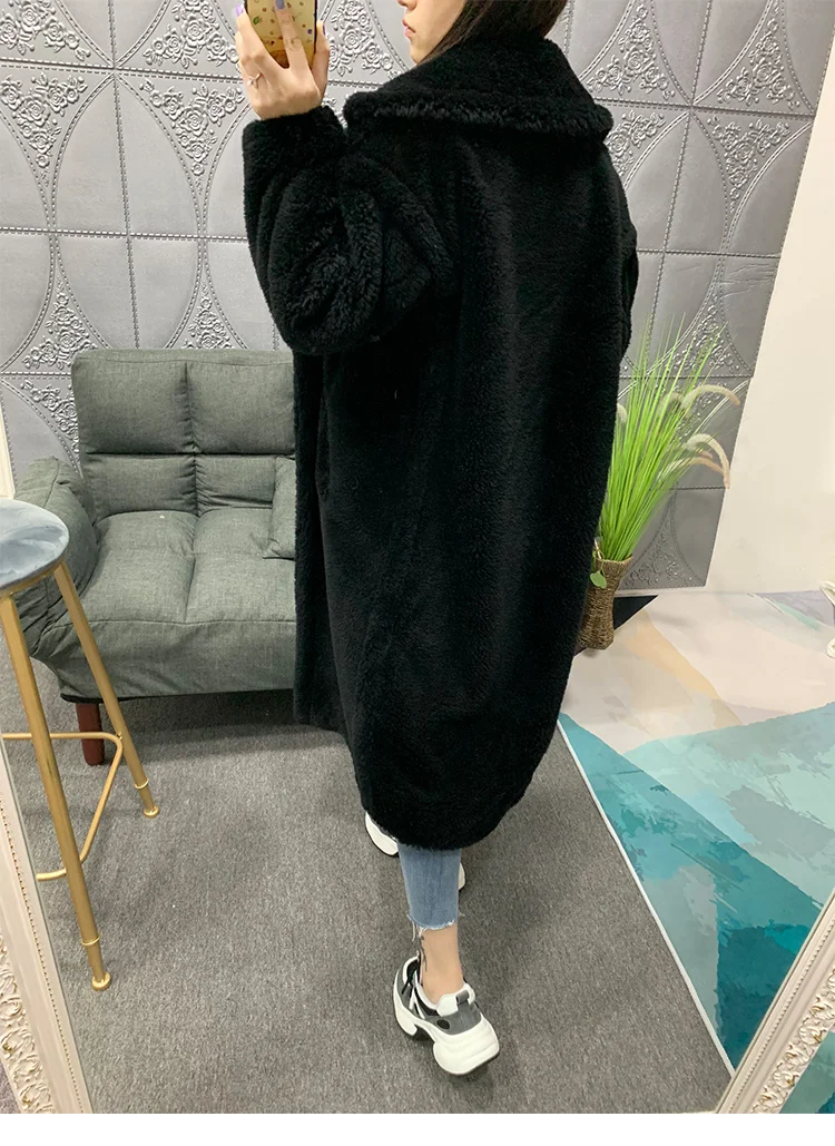 black length 107 Европейский размер, длина 110 см, шерсть, шерсть, куртка со звездами, зимняя верхняя одежда, пальто, настоящая овечья стрижка, шуба, плюшевое пальто - Цвет: black length 107