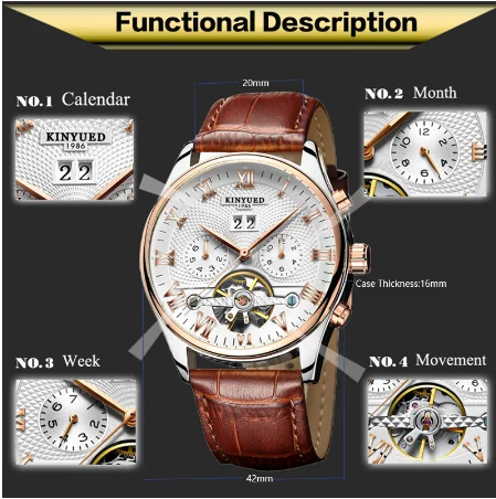 Механические часы KINYUED Skeleton Tourbillon, Мужские автоматические механические Классические наручные часы из розового золота и кожи, Reloj Hombre