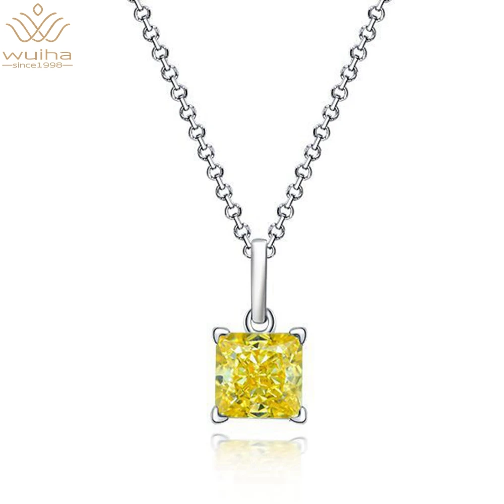 

WUIHA 925 Sterling Silver Iced Cut 6*6MM Citrine Pink Sapphire Created Moissanite Gemstone Wedding Pendant Necklace Fine Jewelry