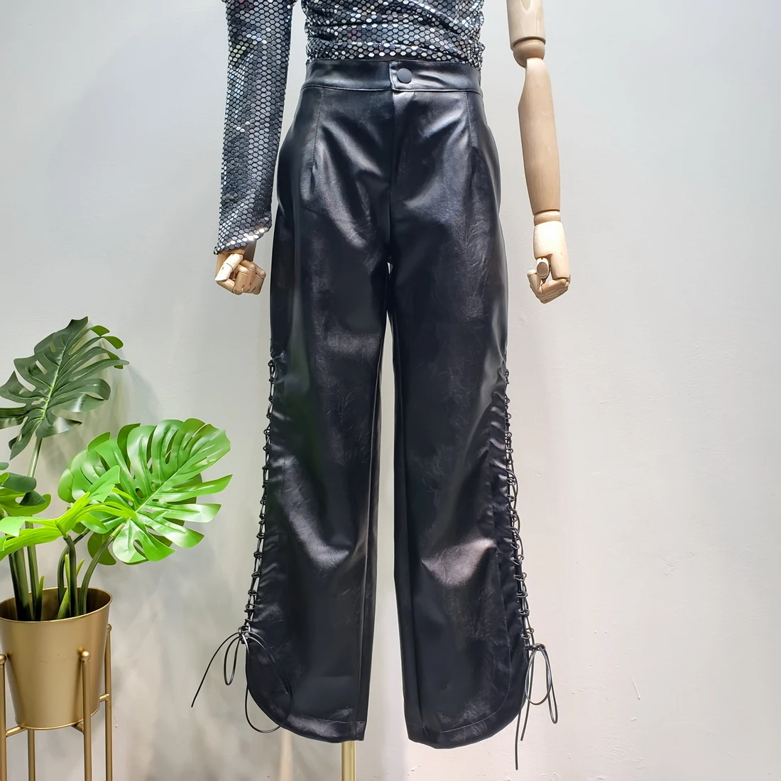 L77street Women High street Old Side slits with High waist Washed leather Pu Wide leg leather pants