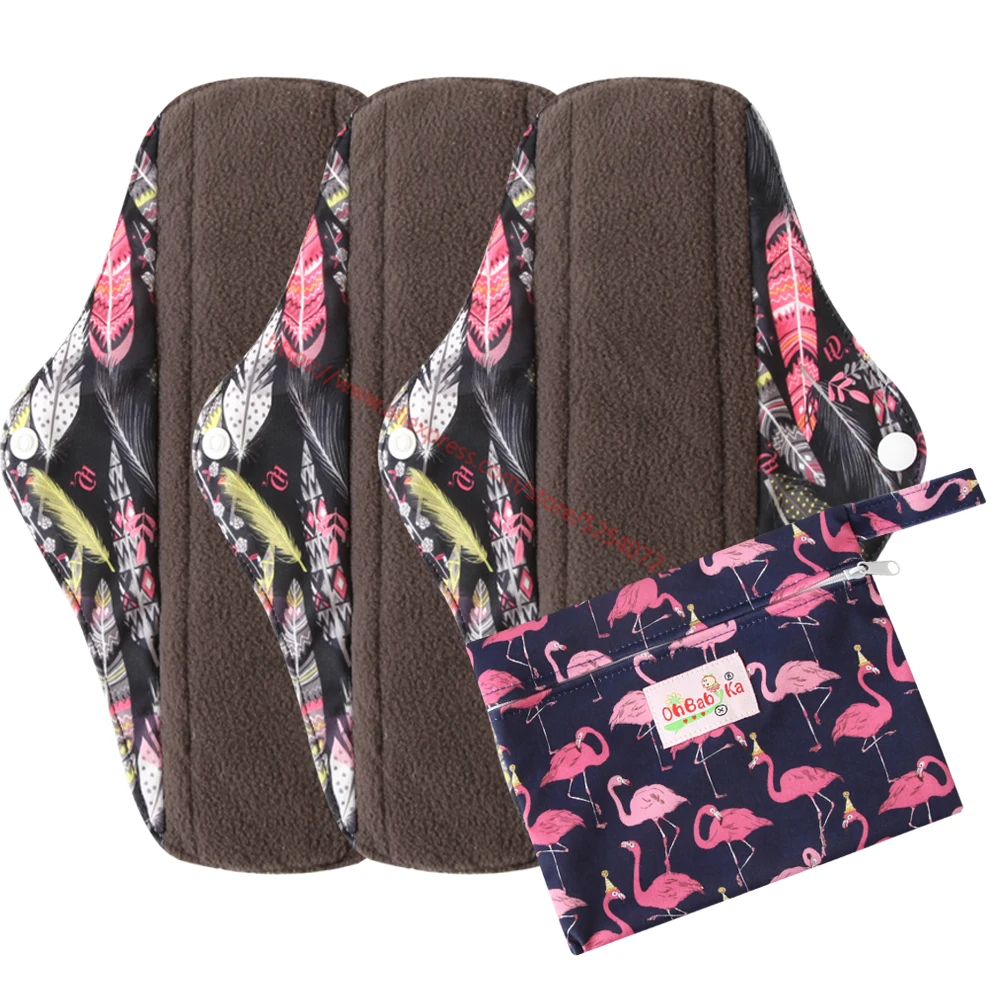Ohbabyka набор из 3 предметов, женские менструальные прокладки, многоразовые моющиеся прокладки для трусиков, угольный бамбуковый слой, гигиенические прокладки с 1 тканевой влажной сумкой - Color: 2