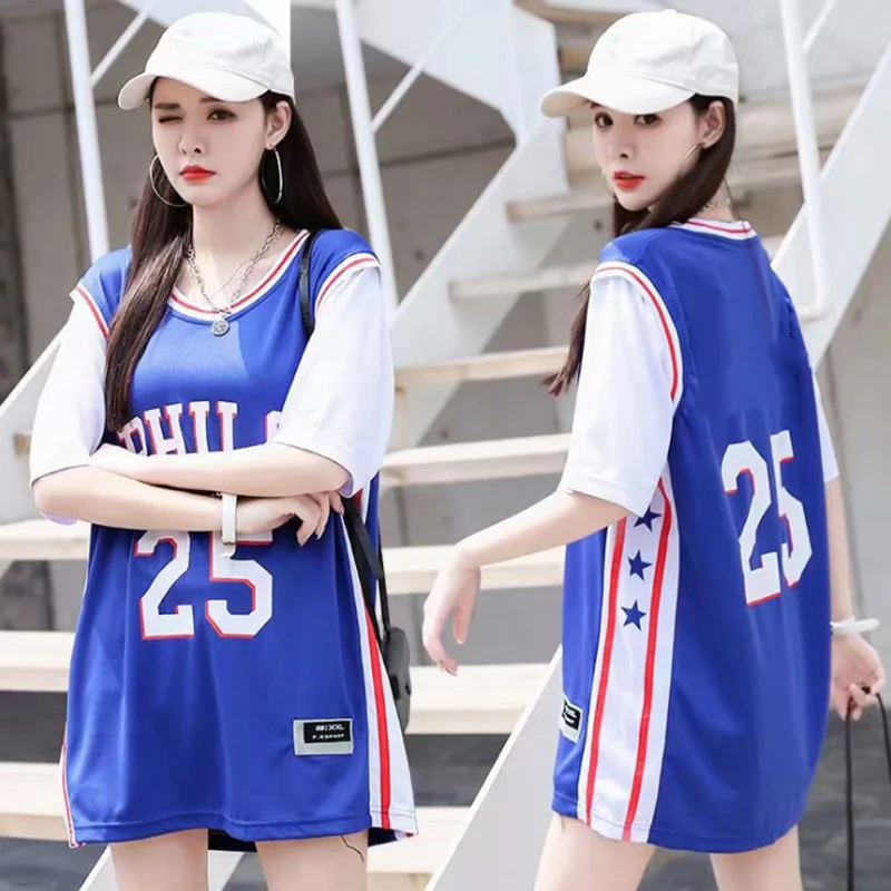Women Mini Dress Oversize Basketball T Shirt O-Neck Dresses Summer Cotton  Match Basic Harajuku Summer Print Lady