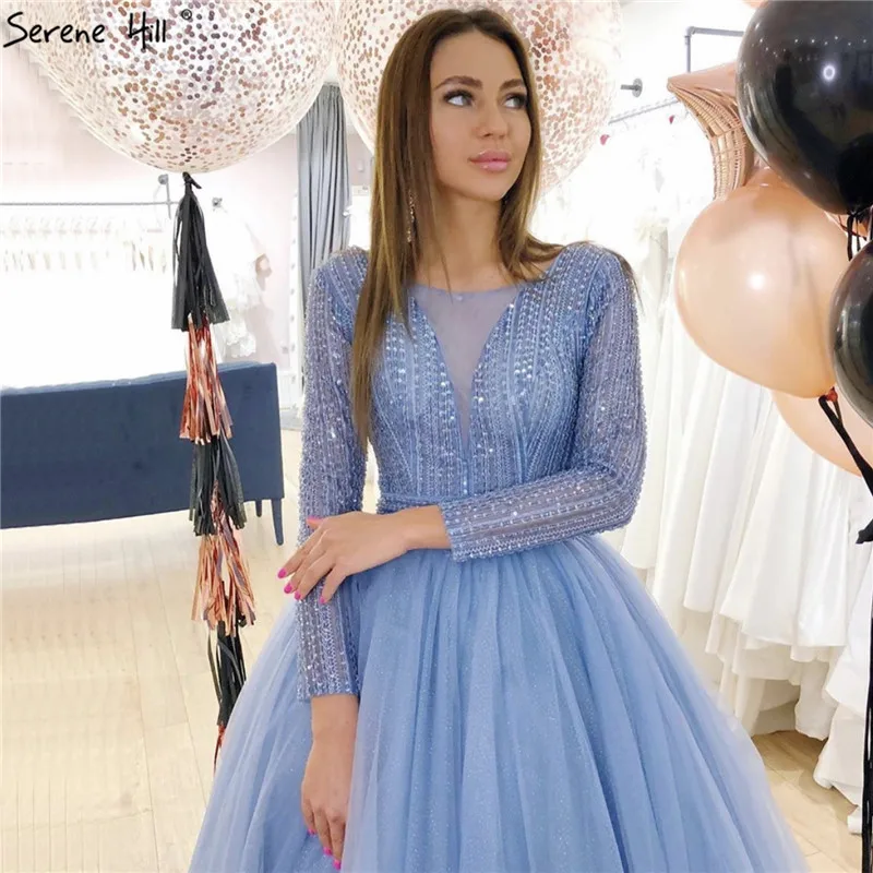 Dubai Pink V-Neck Lace Up Prom Dresses 2020 Long Sleeves Sequins Beading A-Line Long Prom Gowns Serene Hill BLA70237