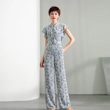 2020 Summer Jumpsuit for Women High Street Chiffon Print Elegant Wide Leg Rompers Plus Size 3XL 4XL