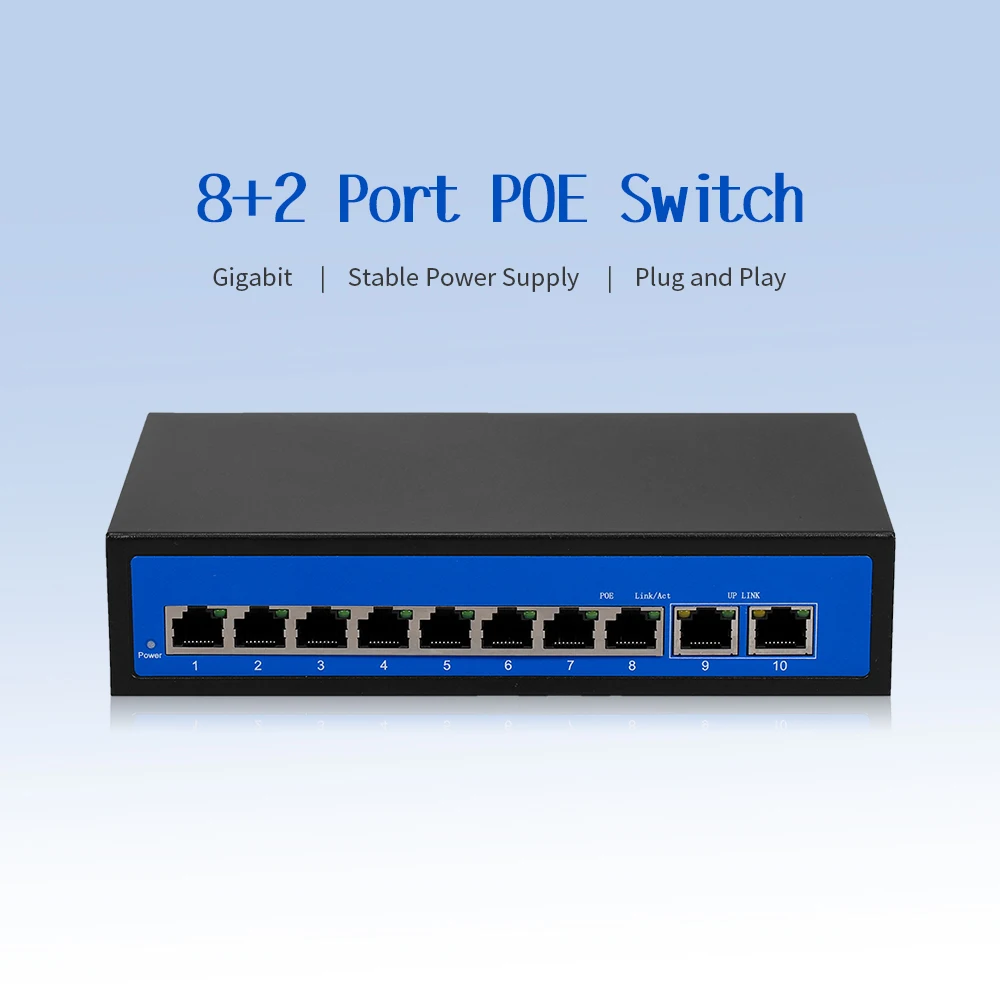 

8 Port Poe Switch Ethernet Switch Poe 48V-56V Network 20Gbps 100M vlan Uplink Port Lan Switch for IP Camera Wireless AP EU Plug