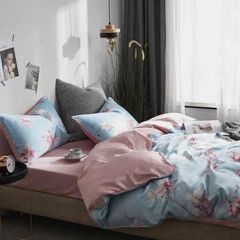 

GXC Luxury Flowers 100% Silk Blue Bedding Set Silky Duvet Cover Healthy Skin Pillowcase Flat Sheet Queen king Bed Linen