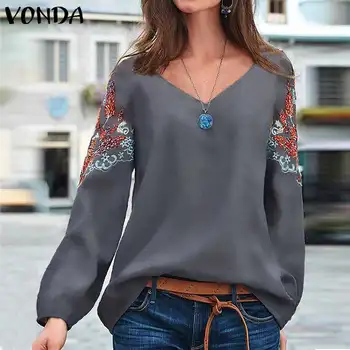

VONDA Women Autumn Blouse 2020 Vintage Casual Loose Printed Blouse Cotton Shirts Female Tops Plus Size Tunic Bohemian Blusas