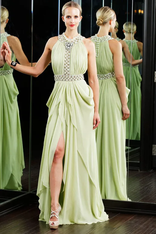 Новая мода невесты vestido robe de soiree разрез стиль Кристалл Формальные Элегантные Длинные вечерние платья выпускные платья - Цвет: Зеленый