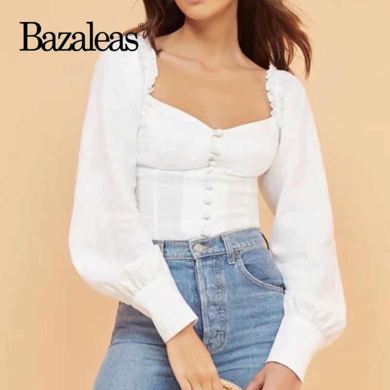 Bazaleas Винтаж blusas mujer de moda центральные значки Blusa Feminina Дворцовая белая блузка женская модная блузка дропшиппинг