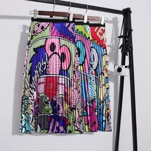 Zoki/Осенняя Женская длинная юбка с модным принтом, плиссированная юбка с рисунком, эластичная юбка с высокой талией, а-силуэт, шелковая женская розовая юбка миди больших размеров