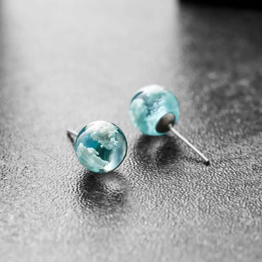 

Women Statement Resin Earring Studs White Clouds Blue Sky Bohemian Earrings Transparent Glass Ball Plated Earring Charms Jewelry