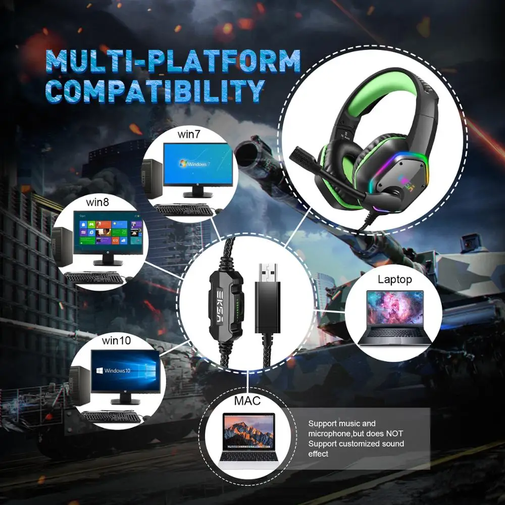 Игровые наушники EKSA E1000 с шумоподавлением микрофоном RGB светильник кой объемным