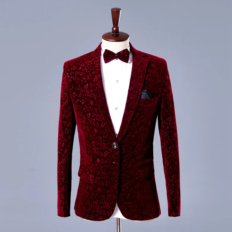 Boutique pattern business men's suit set wine red lapels slim suit men's formal wear wedding party clothing(coat+ pants