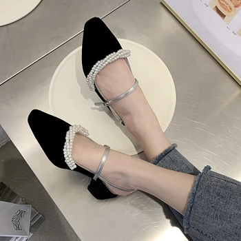 

2020 Summer New French Elegant Pointed Toe Chunky Heel Professional White Collar Luxury Pearl Stylish Womens Suede Black Sandals