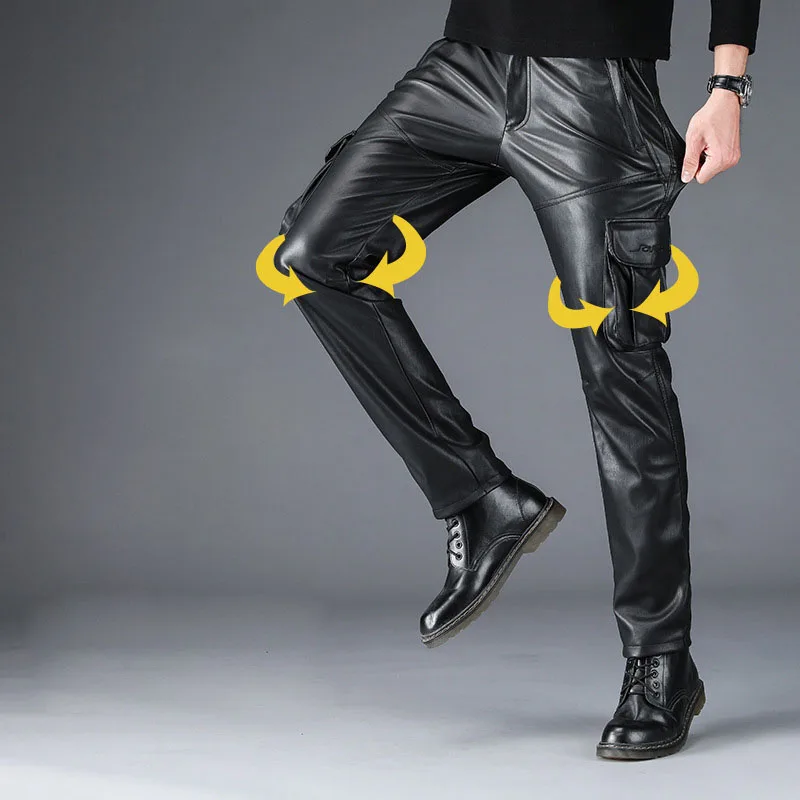 Men's Winter Warm Leather Pants With Multi Pockets Motorycle Pu Leather Trousers For Male Fleece Lined Size 29-40 Black (1)