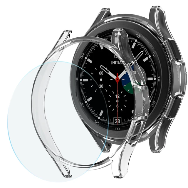 Glass+Case for Samsung Galaxy Watch 4 Classic 42mm 46mm,PC Matte Cover All-Around Protective Bumper Shell for Galaxy Watch4 Clear One Glass