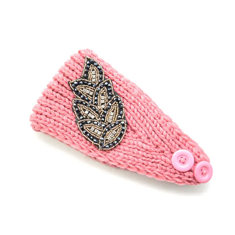 light pink Листья, зимние стразы, вязаная повязка на голову для женщин, девушек, повязка на волосы "тюрбан", повязка на голову, теплые уши, широкая повязка, аксессуары для волос - Цвет: light pink