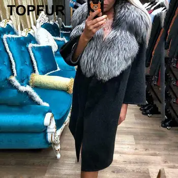 

Black Women Real Fur Coat Luxury Woolen Skin Wool Leather Warm Coat With Thick Silver Fox Fur Collar Cashmere Plus Size Casual