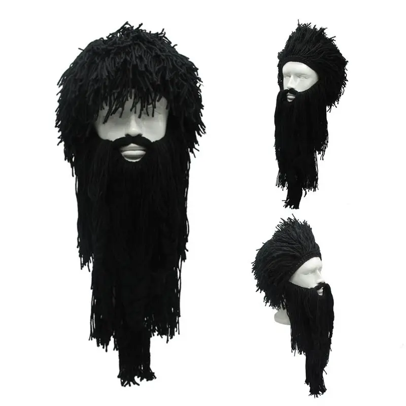 Online Männer Frauen Barbar Viking Handgemachte Stricken Perücke Hut mit Abnehmbaren Langen Gefälschte Bart Lustige Verrückte Halloween Cosplay Warm Beanie Cap