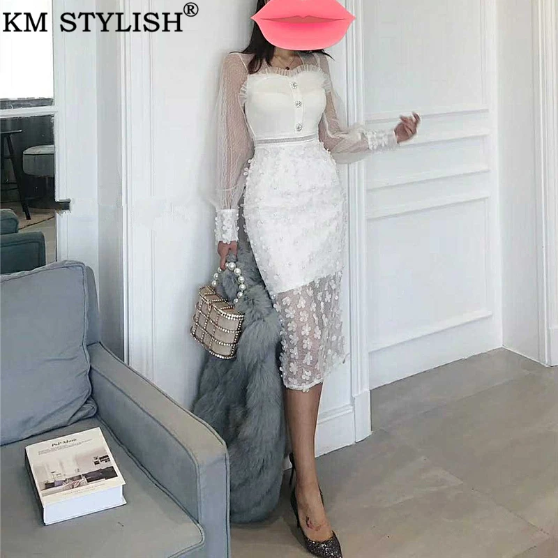 KM STYLISH White Women Party Full Dress Knitted Mesh New Applique Beaded Square Beading Waist Openwork Mid-Calf Split Long Dress
