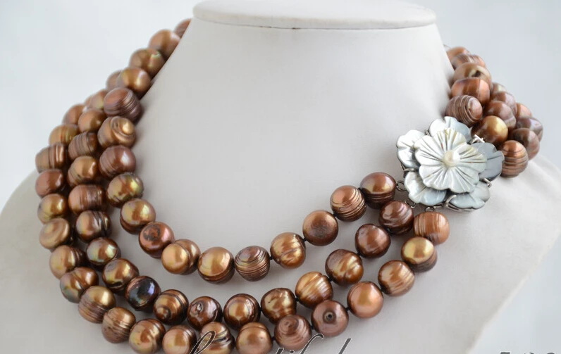 FREE shipping> >>>3strands 14mm almost round coffee screw thread freshwater pearl necklace(Z6560) new