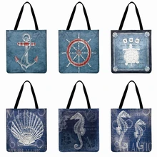 Сумка-тоут с принтом в средиземноморском океане, повседневная сумка-тоут, льняная тканевая сумка, многоразовая сумка для покупок, уличная пляжная сумка, Повседневная Сумка-тоут
