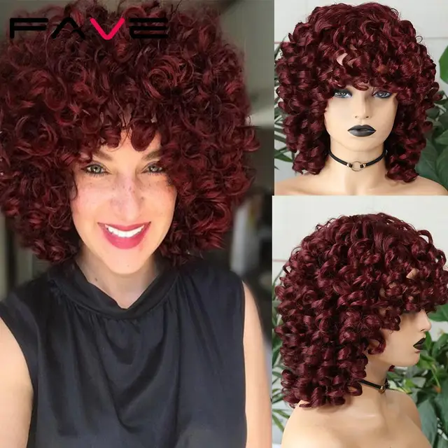 FAVE Afro Kinky Curly Wig With Bangs Black Red Synthetic Hair Shoulder LengthHeat Resistant Fiber For Africa America Black Women Bug