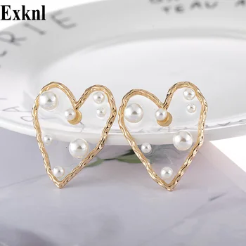 

Exknl Wedding Heart Love Stud Earrings Women Korean Style Simulated Pearl Stud Earrings Fashion Women Boho Jewelry Earrings 2019