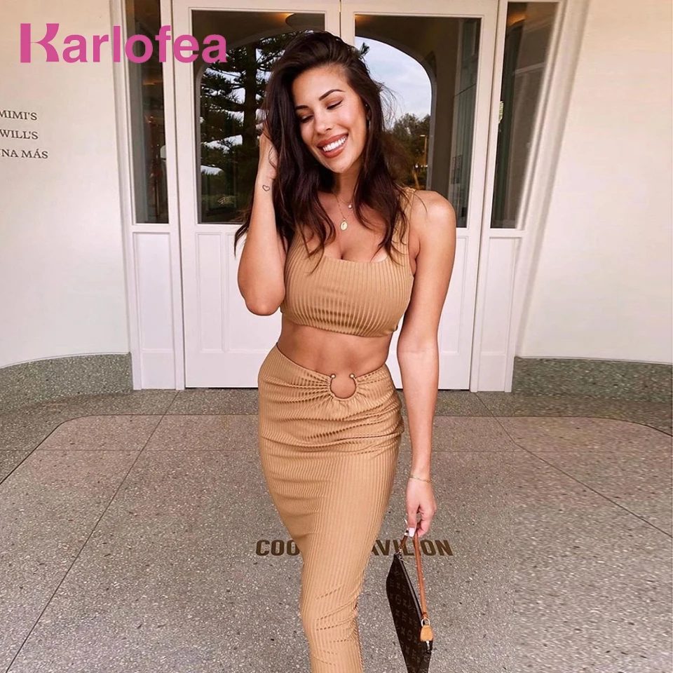 Karlofea New 2020 Lady Elegant Fashion Ribbed 2 Piece Skirt Street Outfits Sexy Tanks Crop Top And Shinny Chic Vestidos |