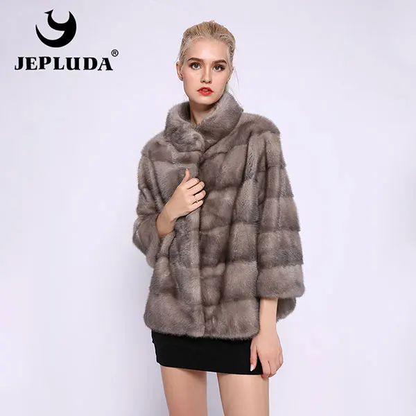 JEPLUDA Изысканная женская норковая шуба из натурального меха реального с воротником стоячим меховая куртка зима для женщин короткая пригородная зимняя женская куртка норковая настоящее меховое пальто для женщин зима - Цвет: Темно-серый