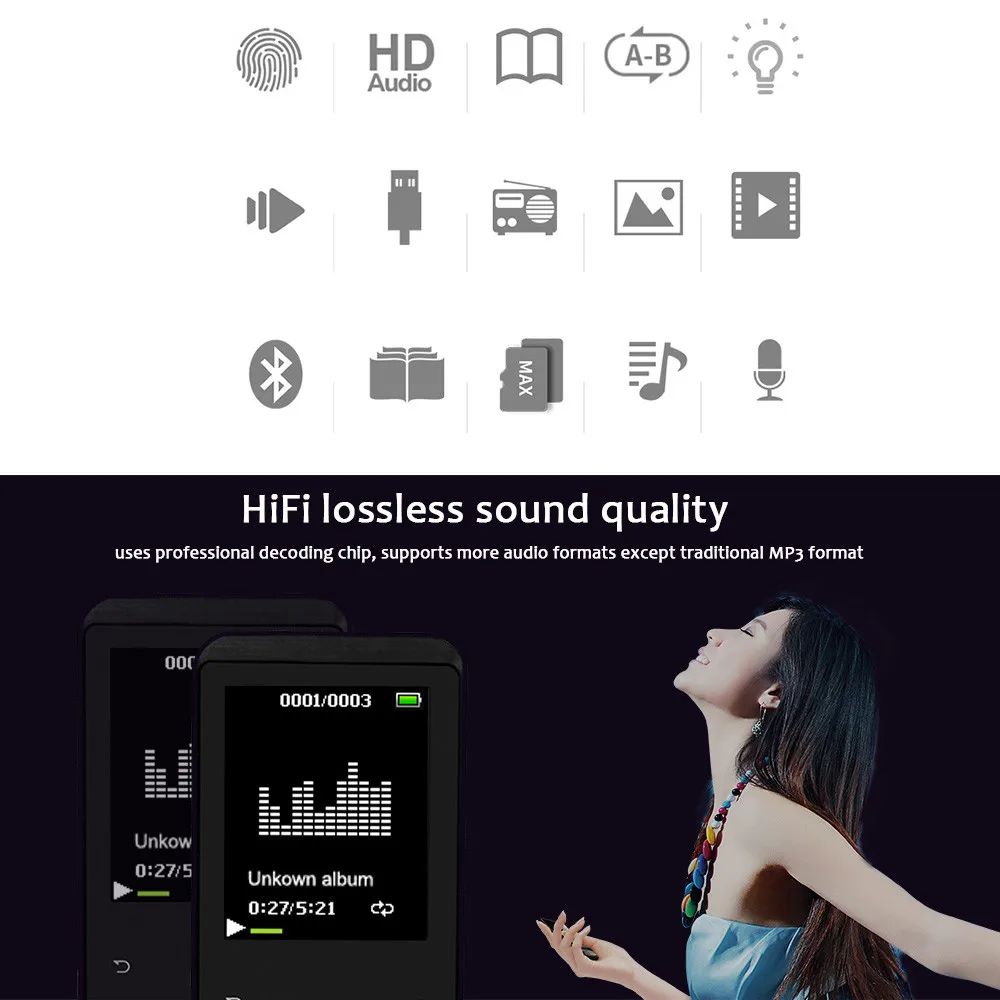 1,77 дюймов lcd полноцветный дисплей Bluetooth 4,1 HiFi 8G MP3 MP4 плеер рекордер Медиа Видео FM радио много идеальное качество звука