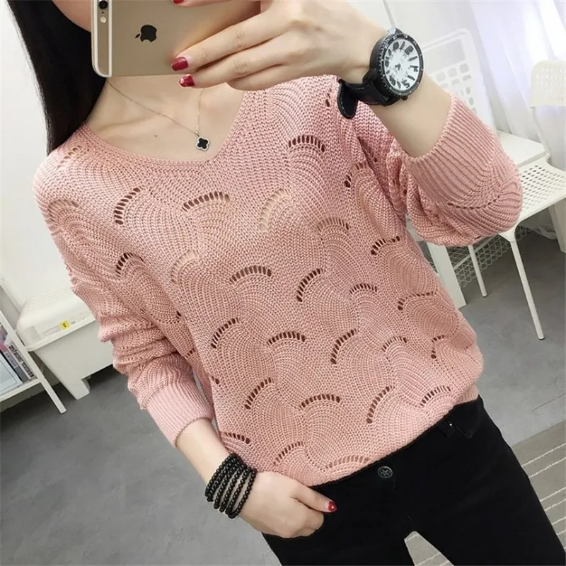 

Fashion Knitting Women Sweater Hollowed-out Sweater Korean Version Solid Color Ice Silk V-neck Collar Thin Long Sleeve Pullover
