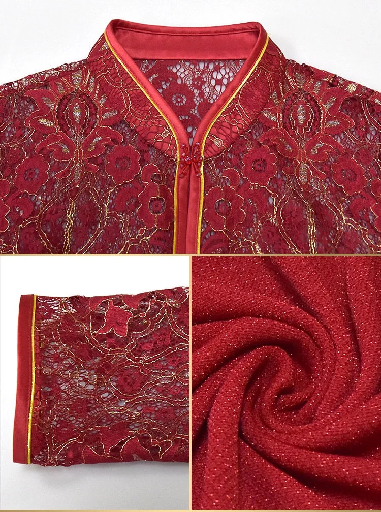 Весенне-осеннее винтажное китайское женское кружевное платье Qipao с воротником-стойкой, с блестками, 5xl красное блестящее платье чонсам, комплект для женщин