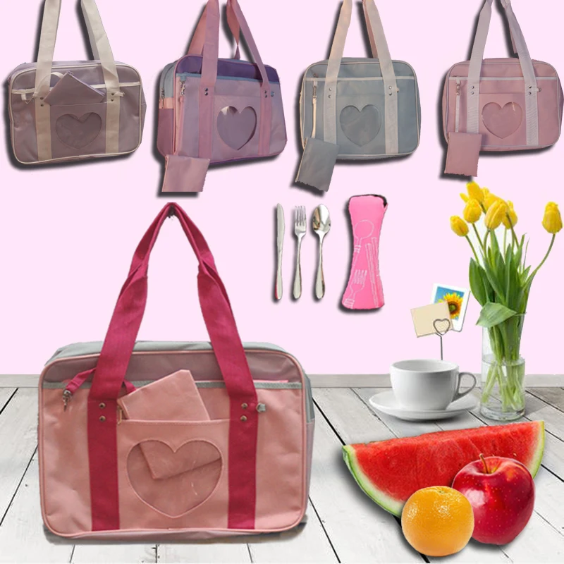 

Cute Girls Heart Storage Bags New Canvas Large Capacity Shoulder Bag Pouch Outdoor Camping Picnic Portable 3pcs Flatware Set